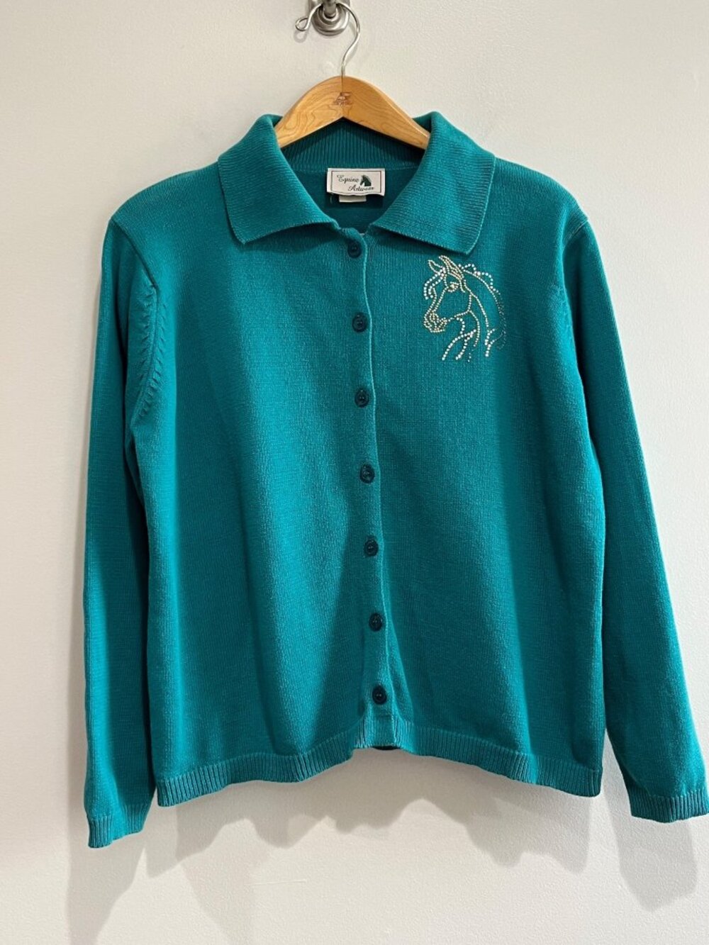 VTG Equine Art Wear Cardigan Sweater Womens 1X Teal Blue Embellished Horse